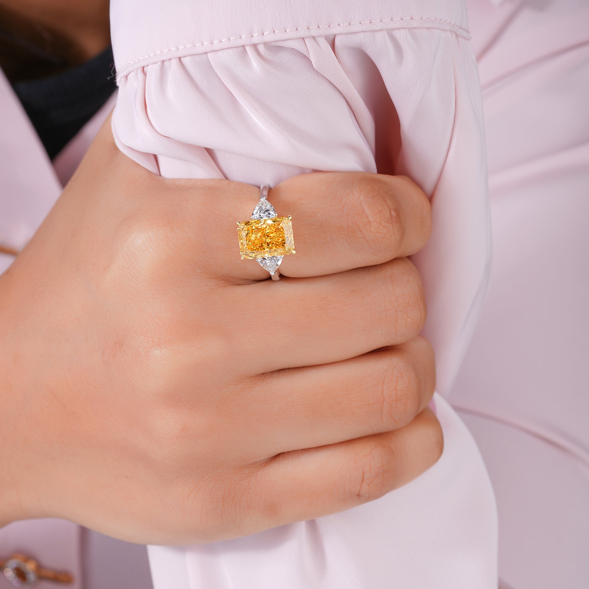 4.45 CT Radiant Cut Yellow Sapphire With Side Two Trillion Lab Grown Diamond