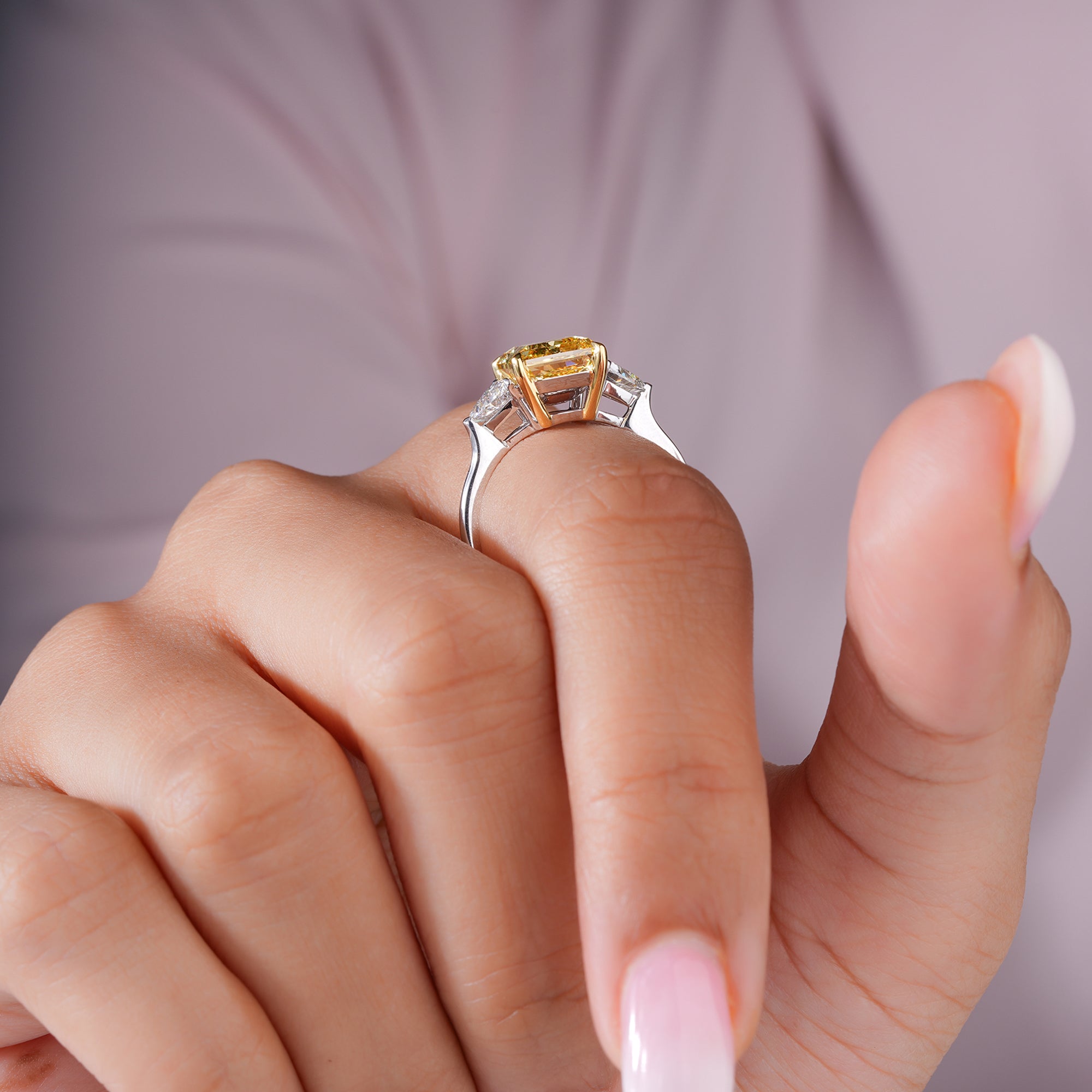 4.45 CT Radiant Cut Yellow Sapphire With Side Two Trillion Lab Grown Diamond