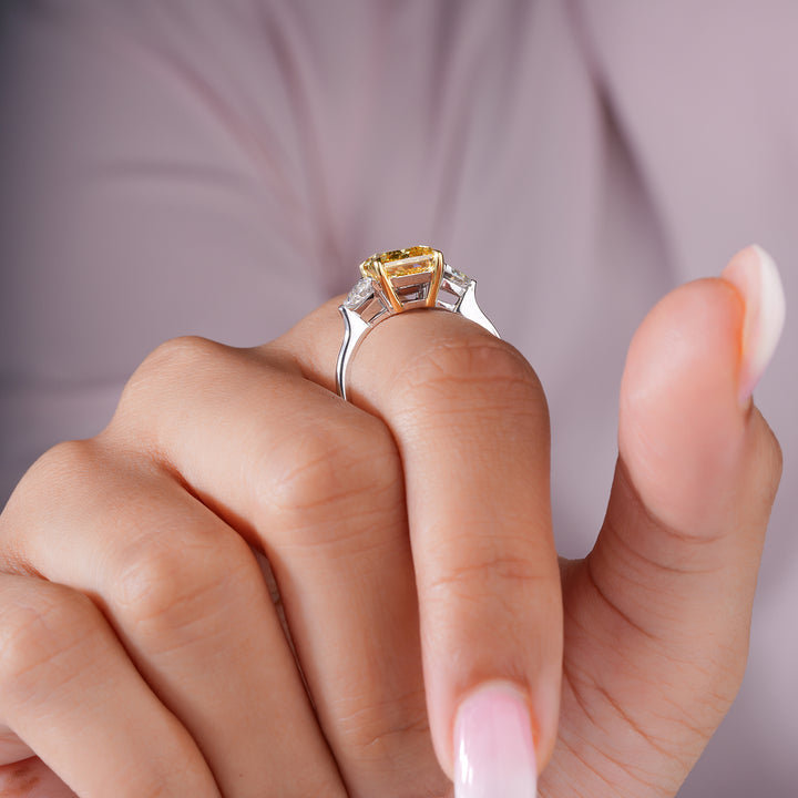 4.45 CT Radiant Cut Yellow Sapphire With Side Two Trillion Lab Grown Diamond