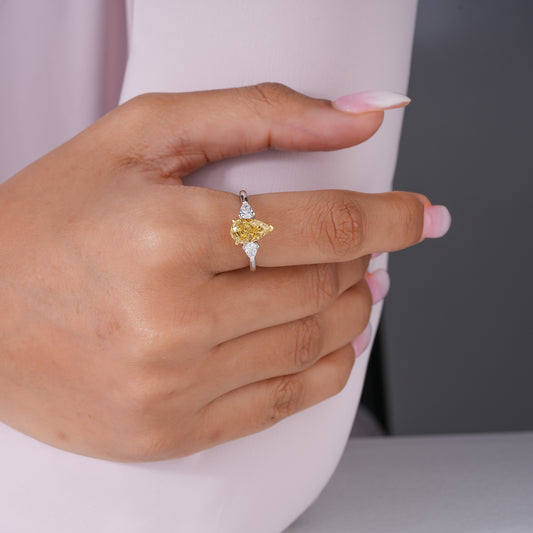 2.00 CT Pear Fancy Cut Yellow Diamond ,Three Stone Style Engagement Ring