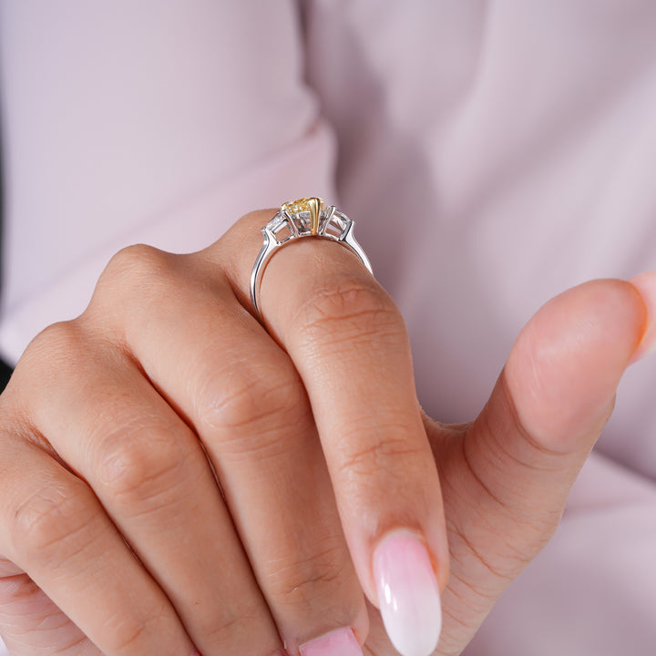 1.75 CT Pear Fancy Cut Yellow Diamond ,Three Stone Style Engagement Ring
