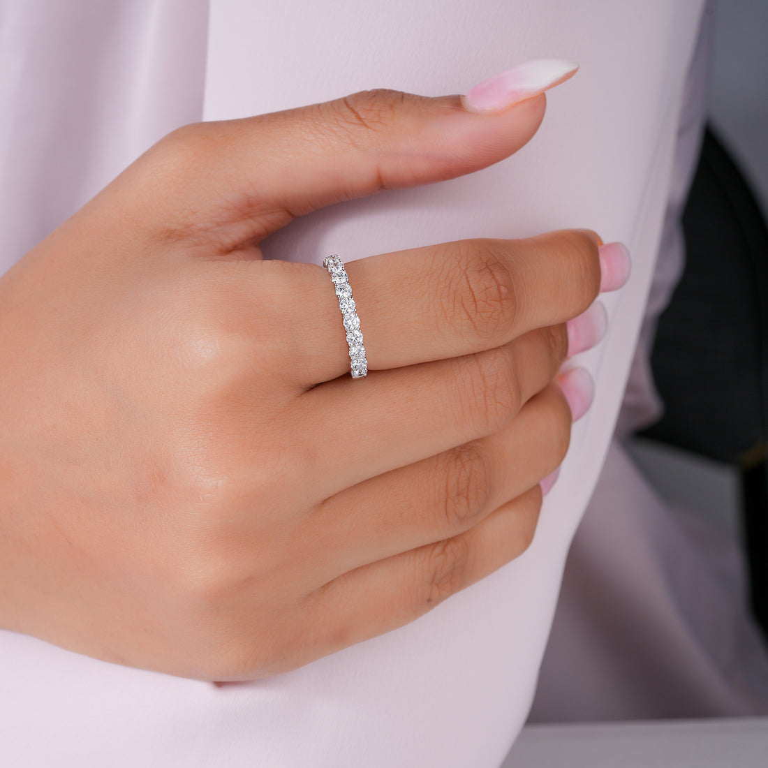 0.80 TCW Round Cut Lab Diamond Half Eternity Step-Cut Wedding Band