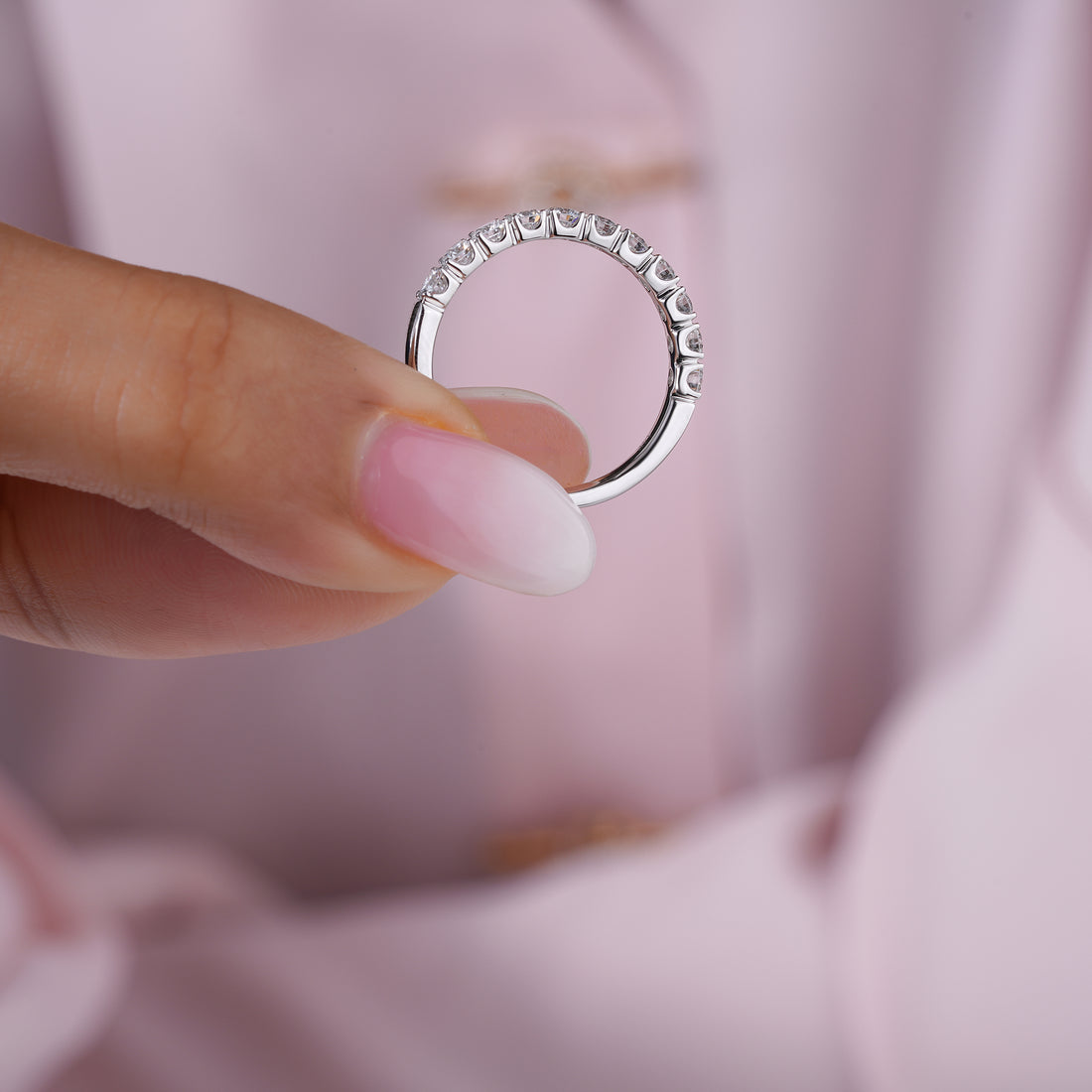 0.80 TCW Round Cut Lab Diamond Half Eternity Step-Cut Wedding Band