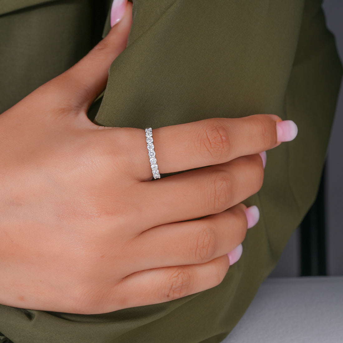 0.65 TCW Round Cut Lab Grown Diamond Half Eternity Minimalist Wedding Ring