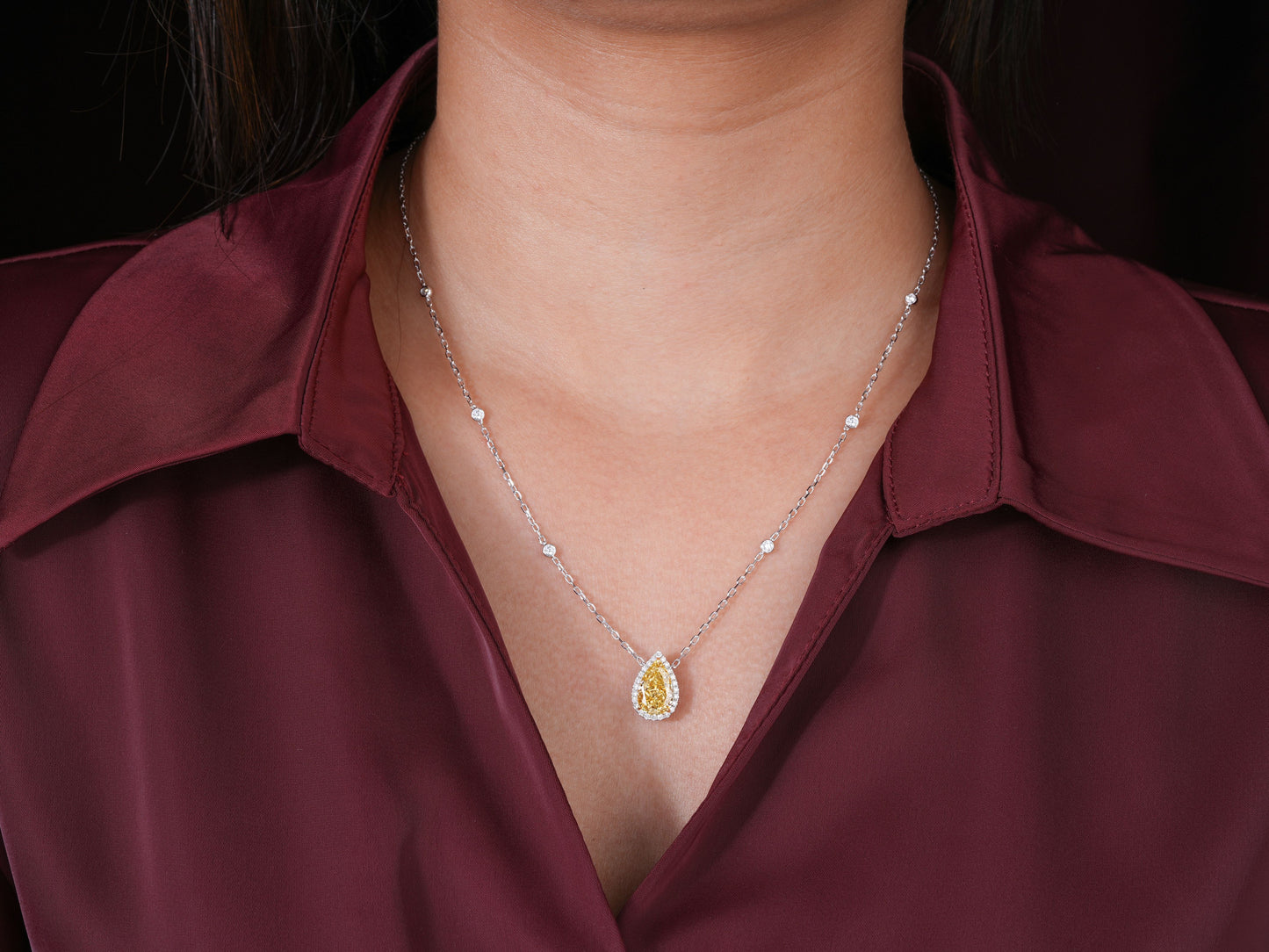 3.00 CT Pear Cut Fancy Yellow IGI Certified Necklace, Teardrop Halo Pendant