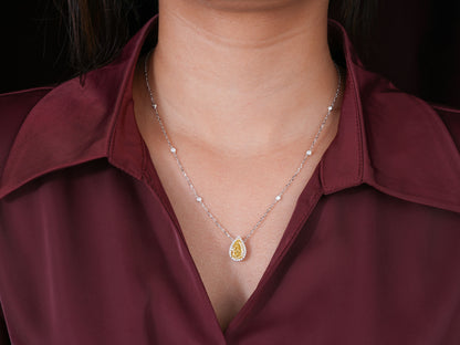 3.00 CT Pear Cut Fancy Yellow IGI Certified Necklace, Teardrop Halo Pendant