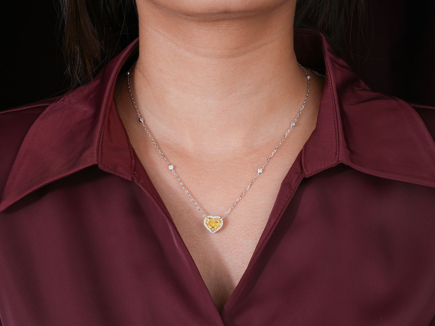 3.40 CT Fancy Yellow Heart Cut Necklace, Halo Heart Pendant