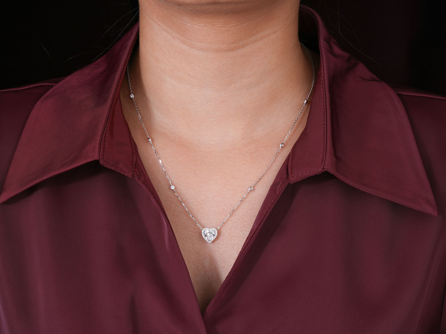 1.10 CT Heart Cut Lab Grown Diamond Necklace, Round Accent Stone Dainty Necklace