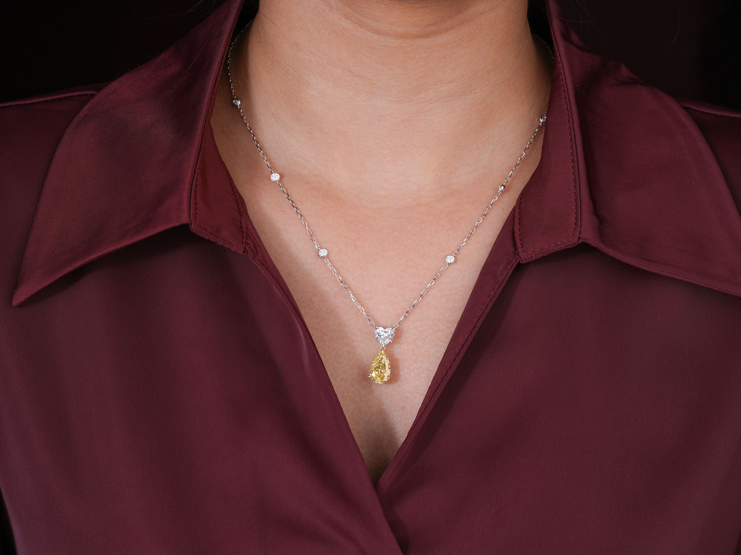 3.20 CT Fancy Yellow Pear Cut Lab Grown , Heart Diamond ,Halo Necklace