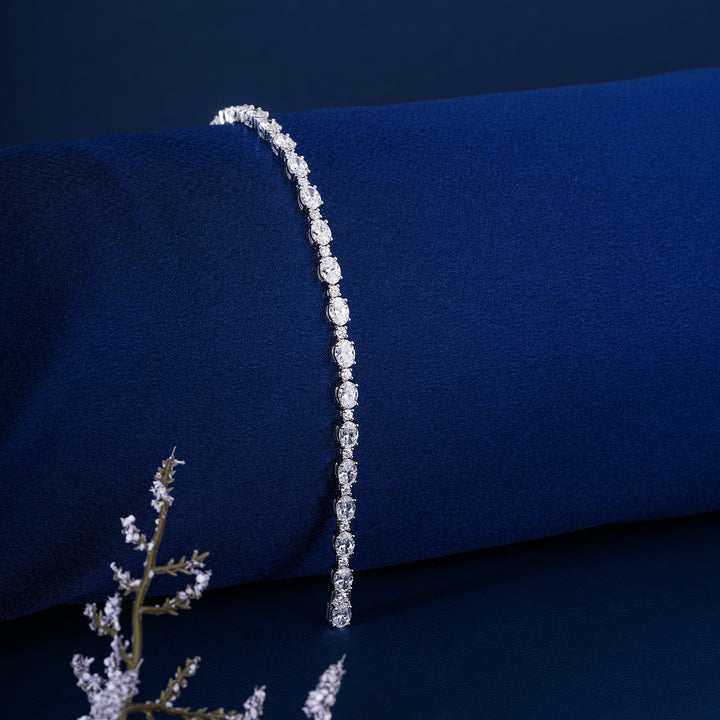 Stunning 7.61 CTW Lab Grown Diamond Tennis Bracelet Fancy Oval Shape with Round Accents Solid 14k Gold