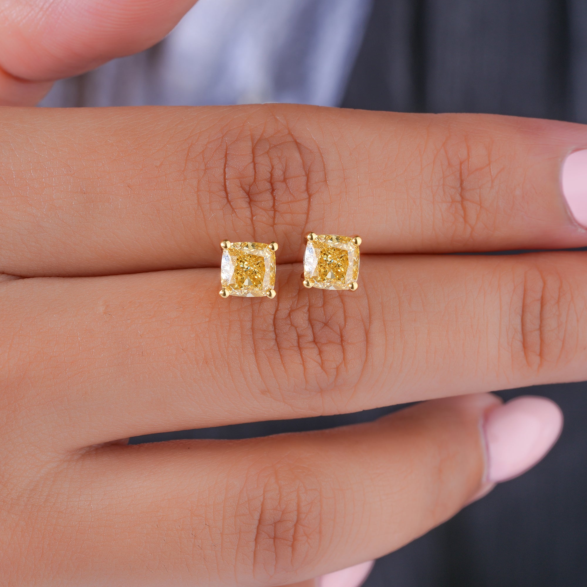 2.0 TCW Yellow Diamond Cushion Cut Lab Grown Diamond Stud Earrings