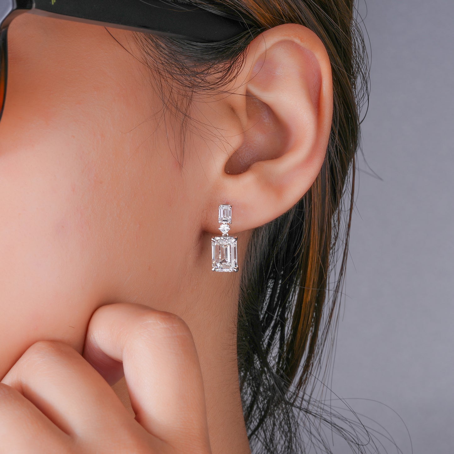 7.50 TCW Emerald and Round Cut Lab Grown Diamond Dangle Earrings