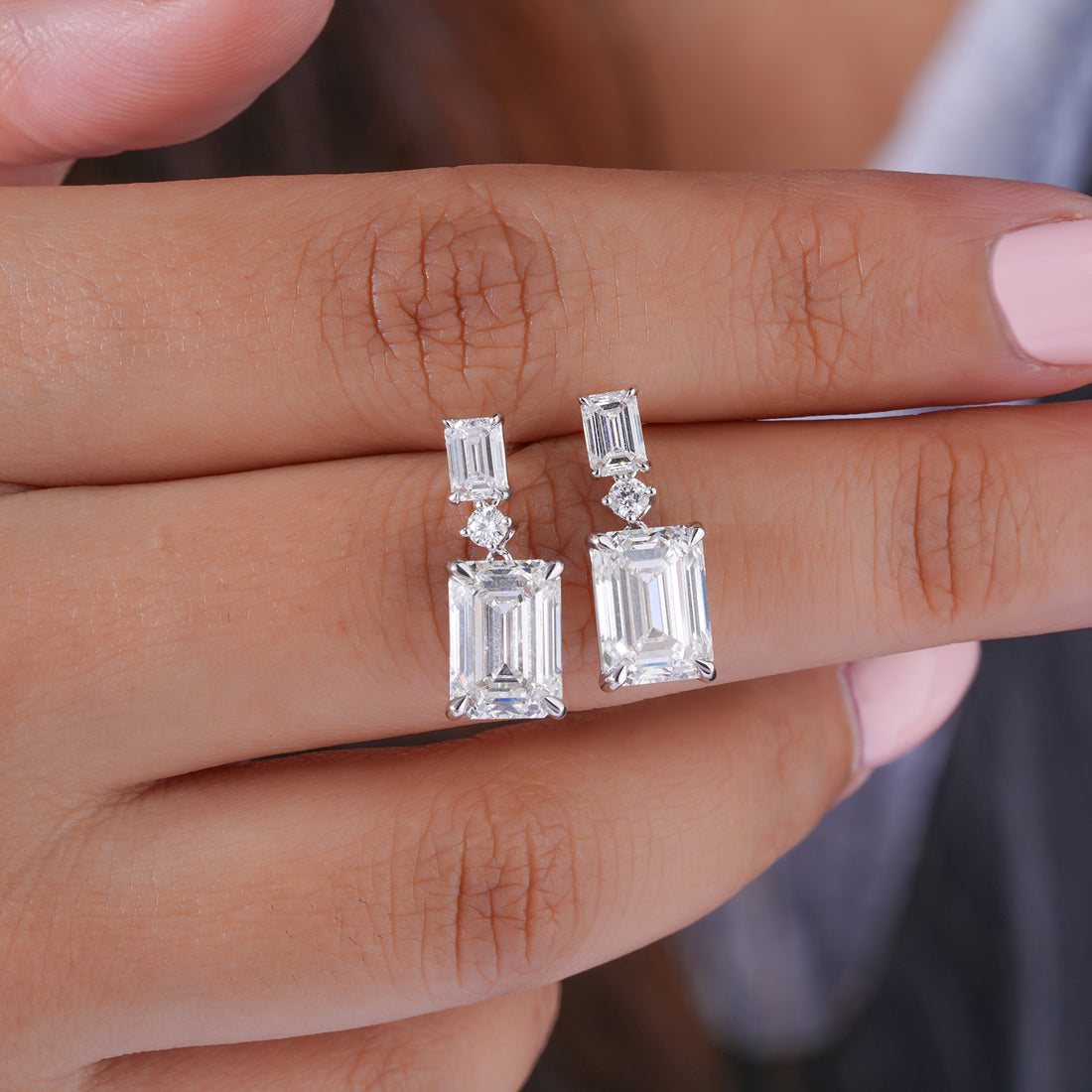 7.50 TCW Emerald and Round Cut Lab Grown Diamond Dangle Earrings