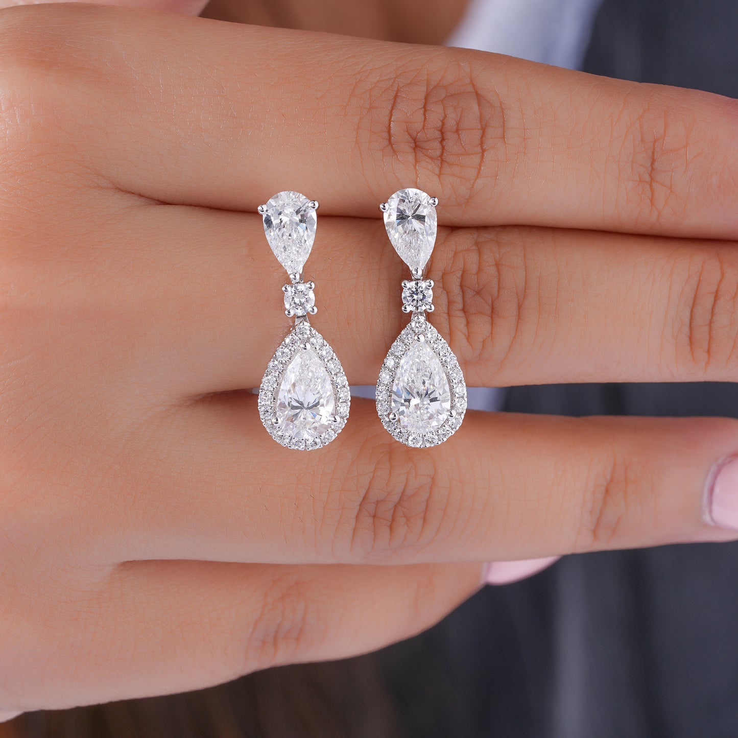 4.0 TCW Pear Cut Lab Grown Diamond Halo Dangle Earrings