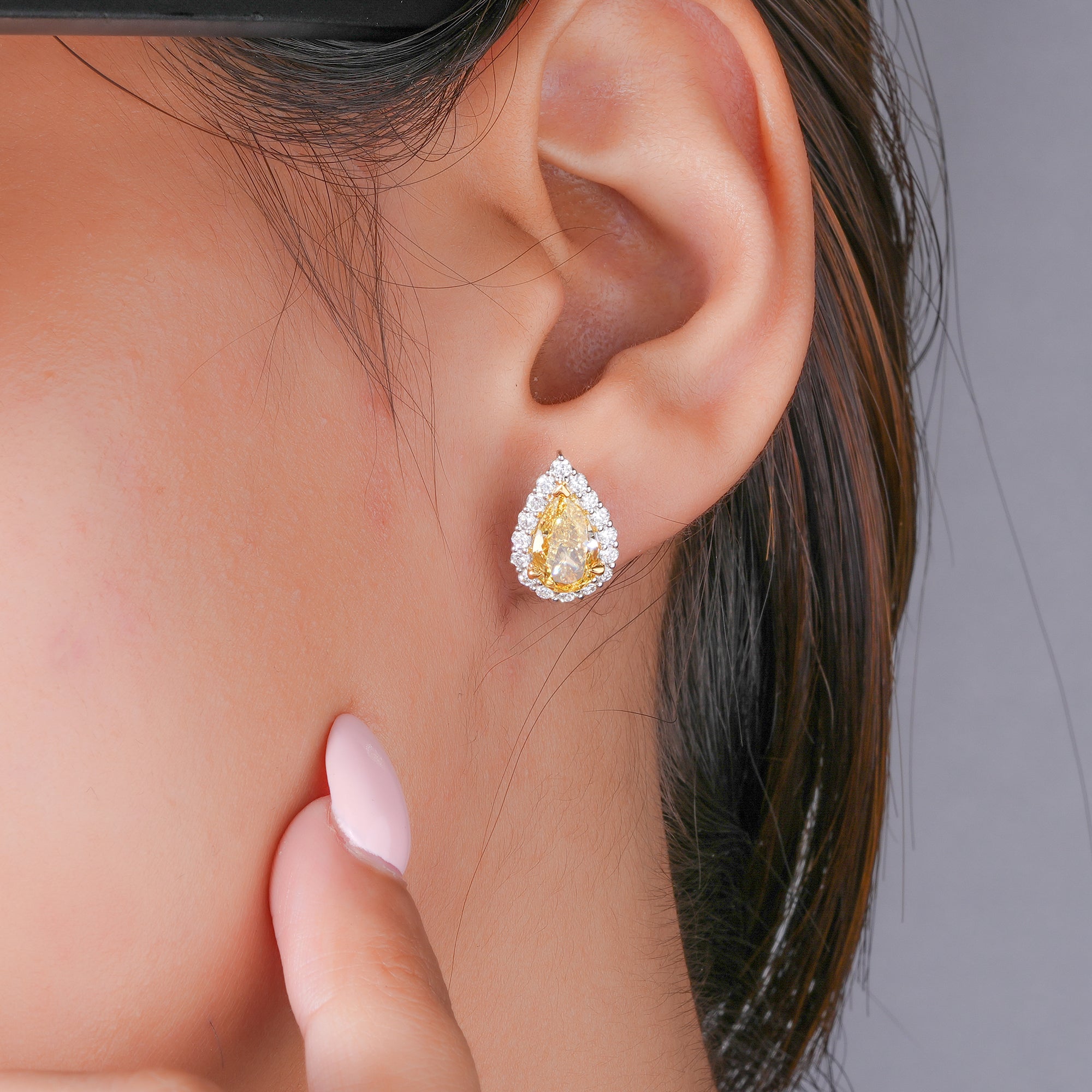 3.70 TCW Lab Grown Diamond Yellow Pear Cut Halo Stud Earrings