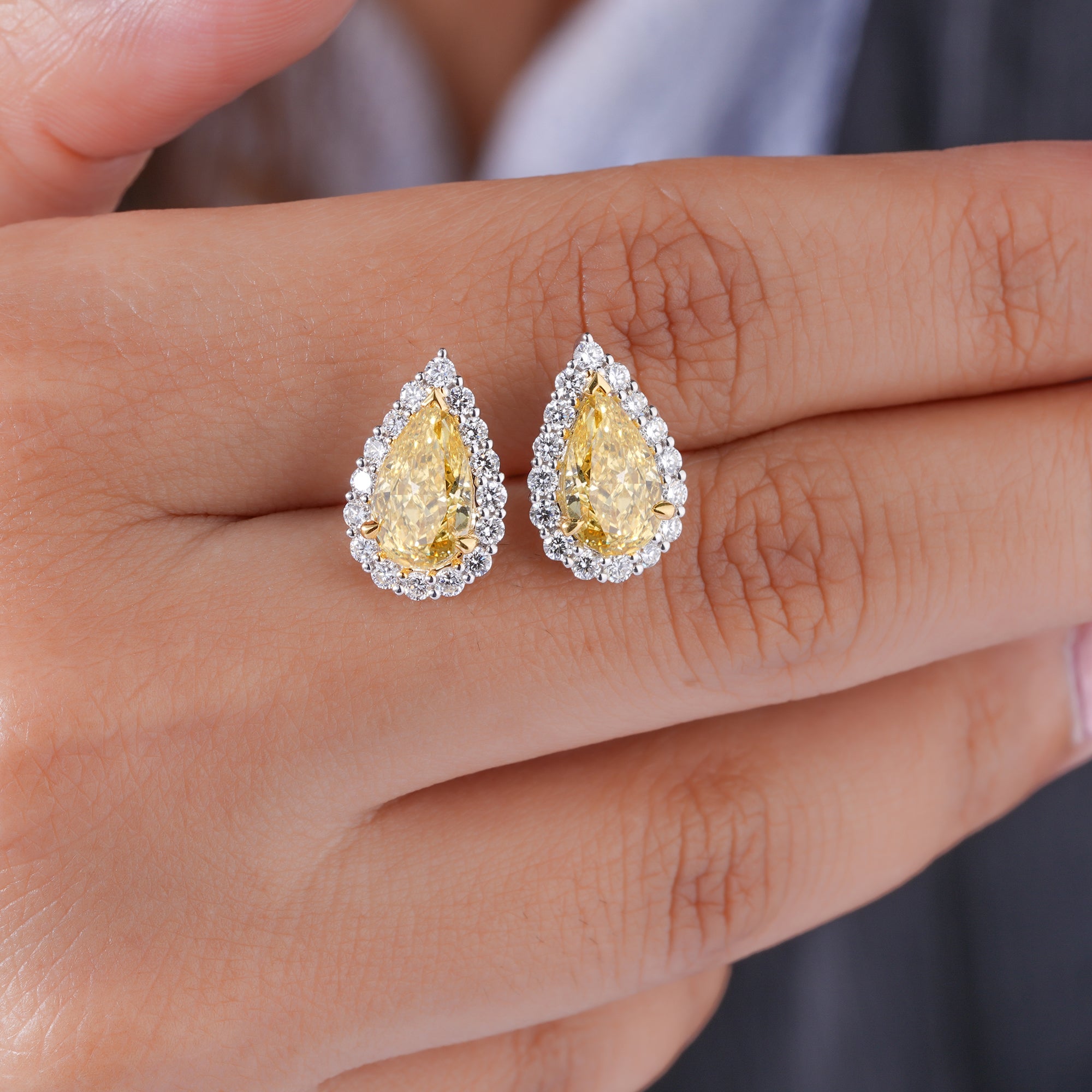 3.70 TCW Lab Grown Diamond Yellow Pear Cut Halo Stud Earrings