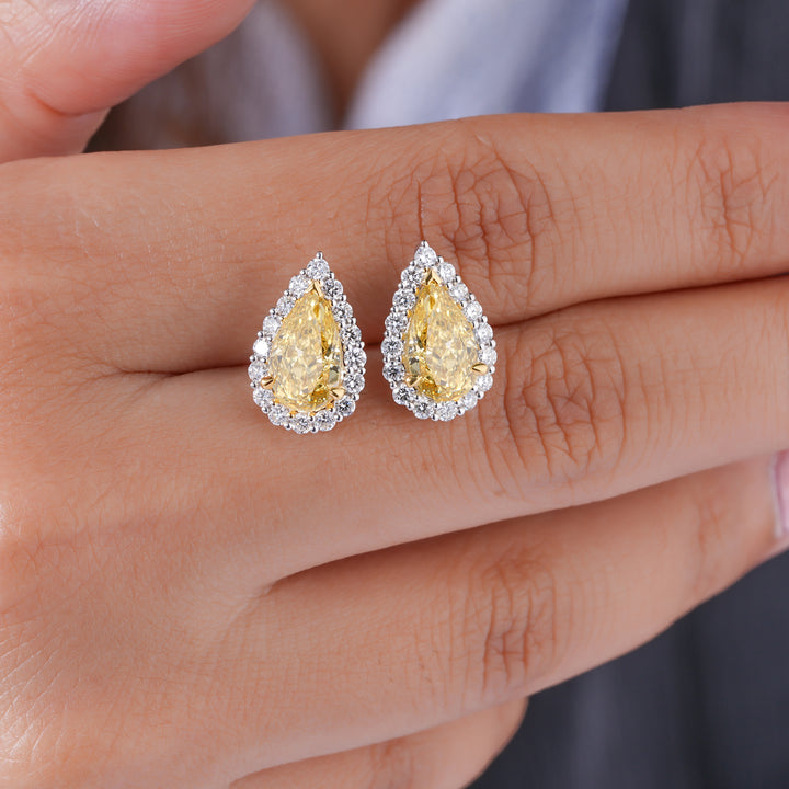 3.70 TCW Lab Grown Diamond Yellow Pear Cut Halo Stud Earrings