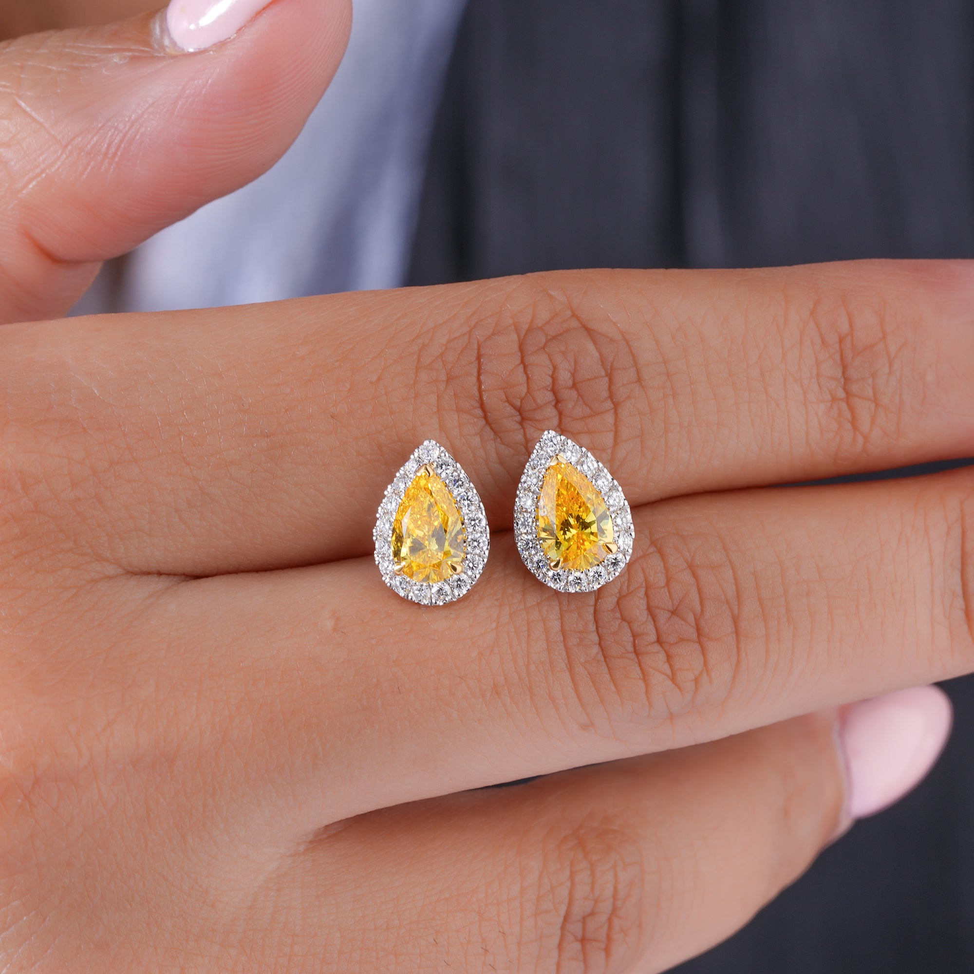 1.60 TCW Lab Grown Diamond Yellow Pear Cut Halo Stud Earrings