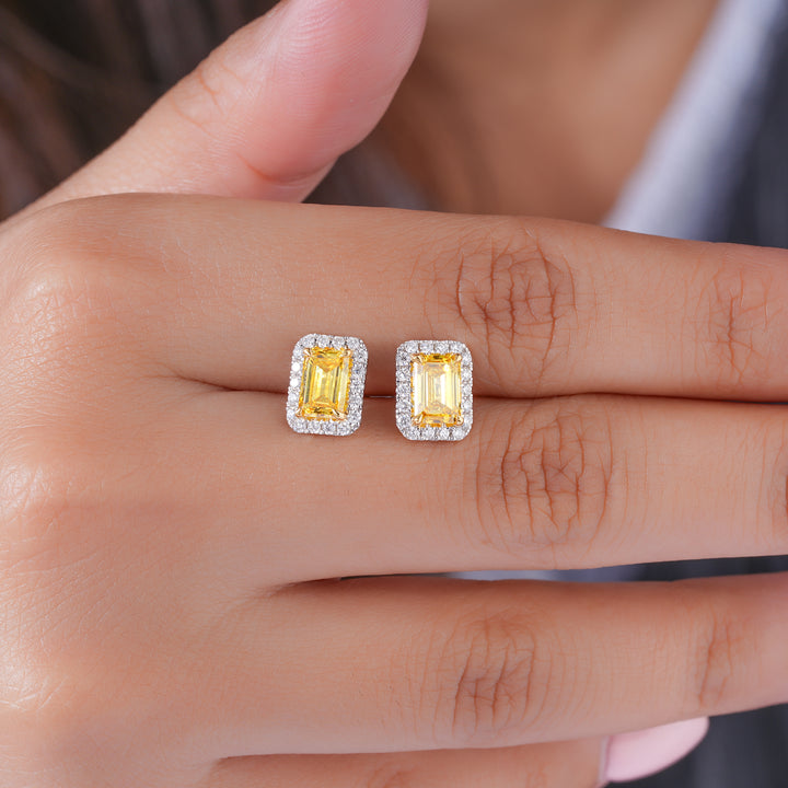 1.75 TCW Lab Grown Diamond Fancy Yellow Emerald Cut Halo Stud Earrings