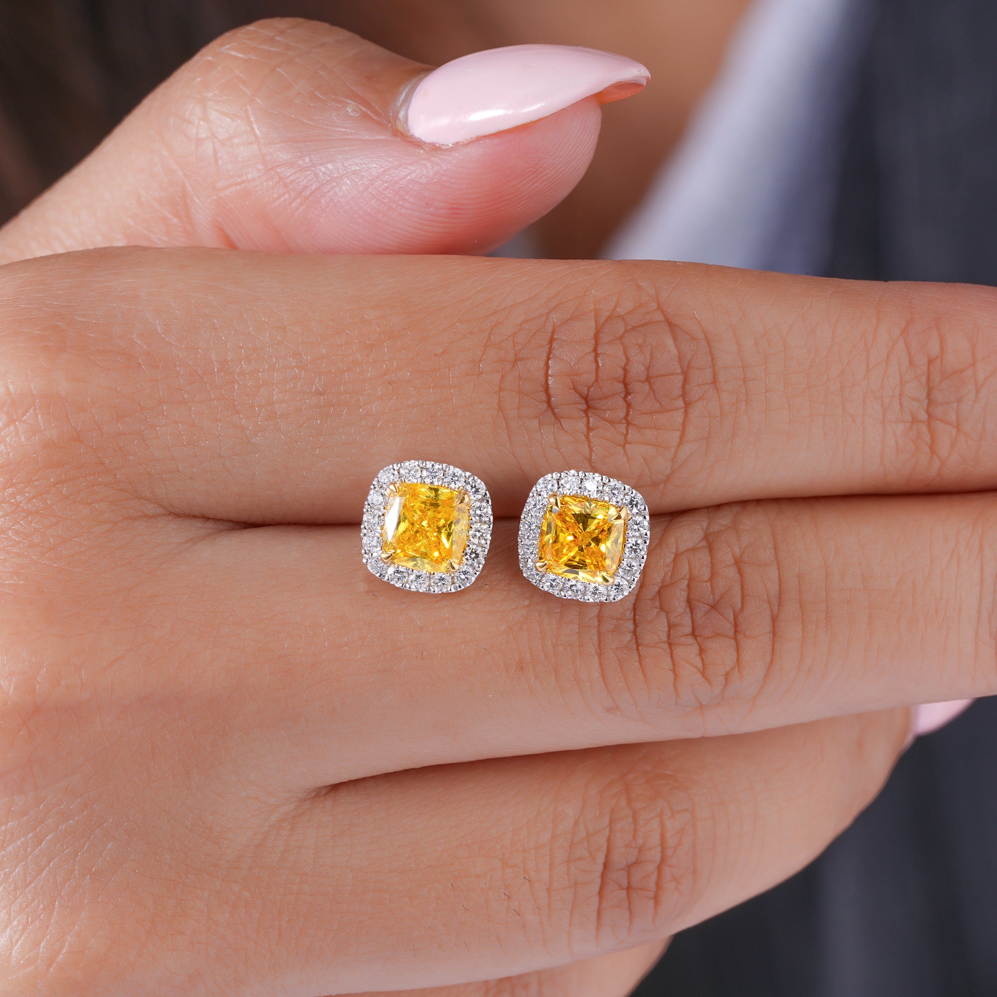 2.00 TCW Lab Grown Diamond Fancy Yellow Cushion Cut Halo Stud Earrings