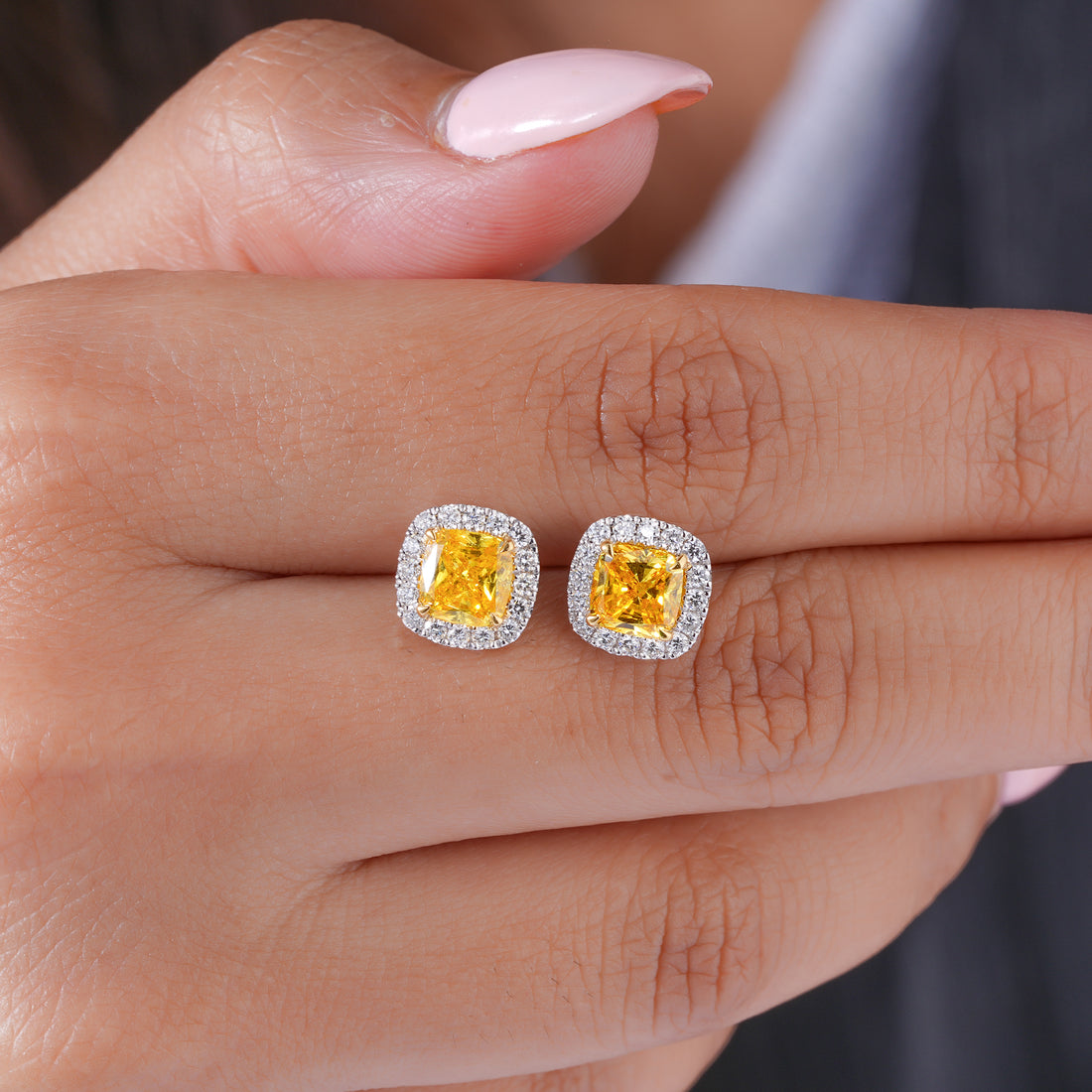2.00 TCW Lab Grown Diamond Fancy Yellow Cushion Cut Halo Stud Earrings
