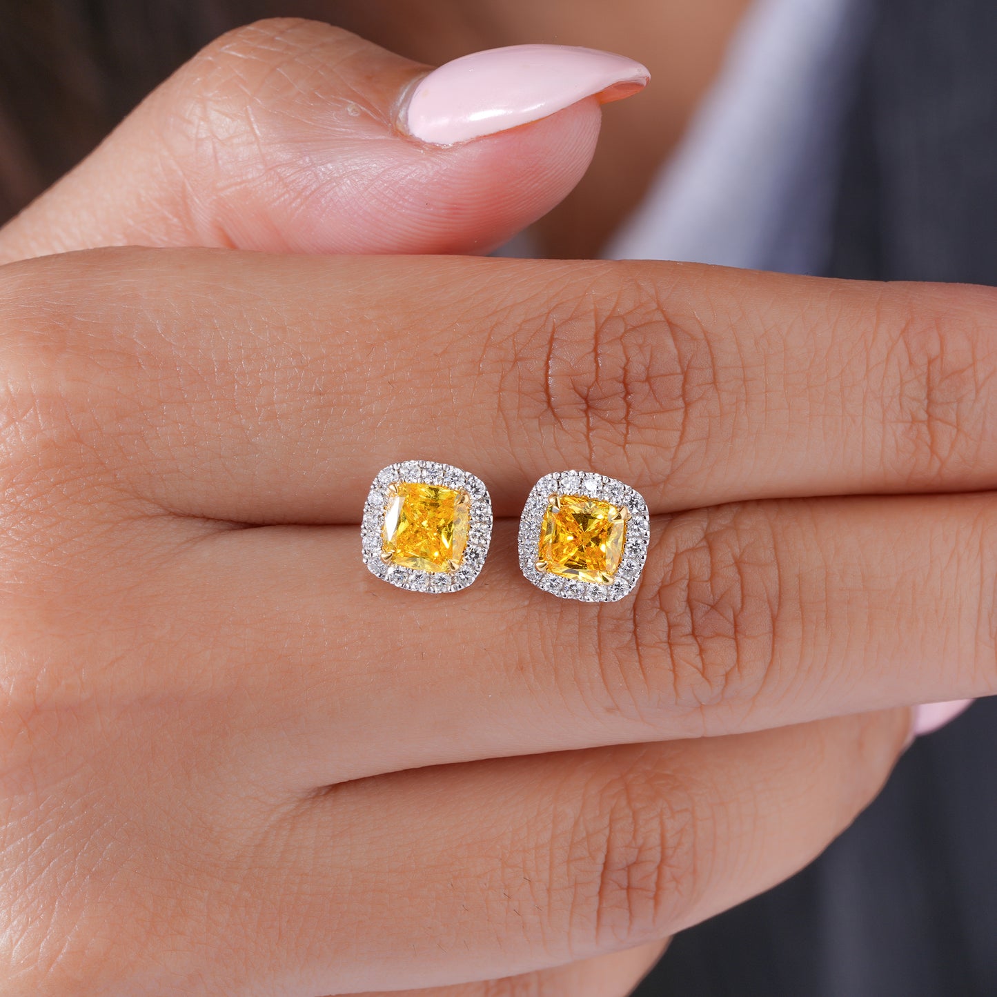 2.00 TCW Lab Grown Diamond Fancy Yellow Cushion Cut Halo Stud Earrings