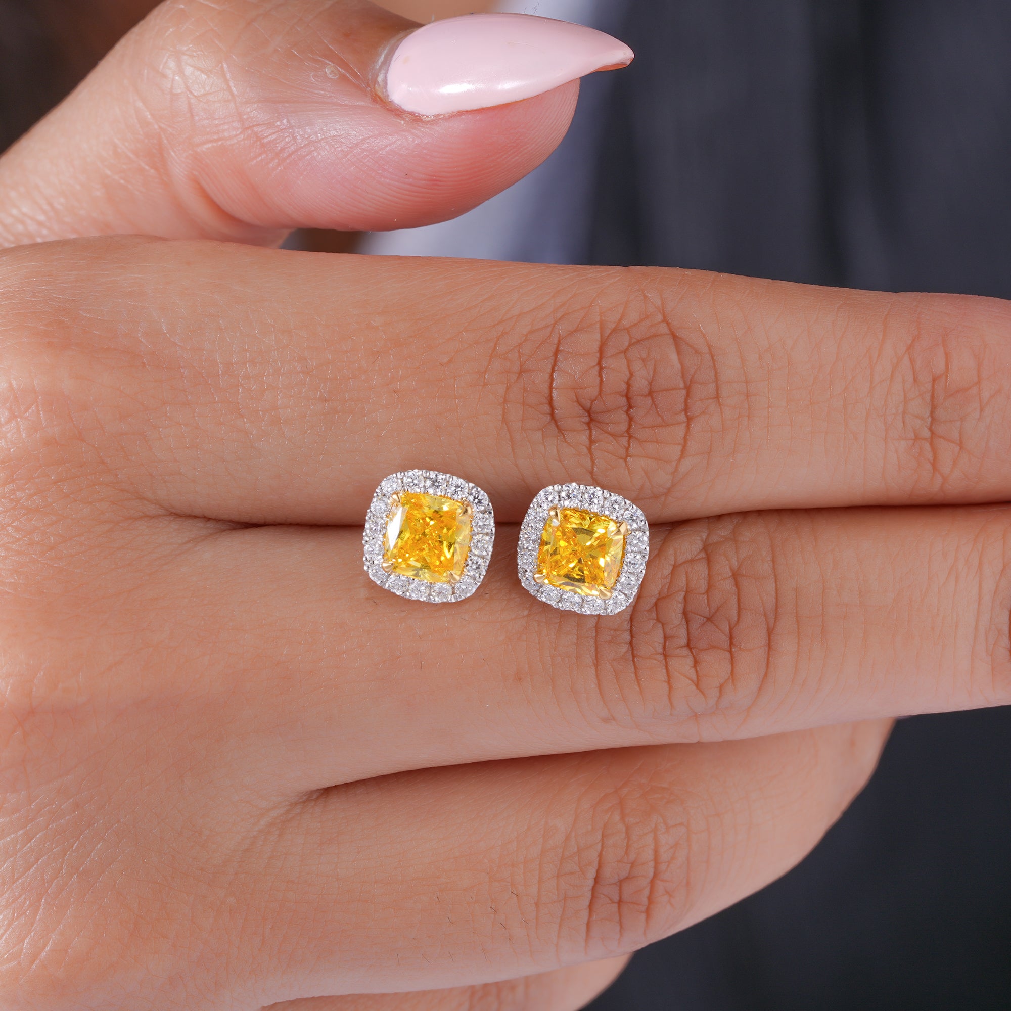2.00 TCW Lab Grown Diamond Fancy Yellow Cushion Cut Halo Stud Earrings