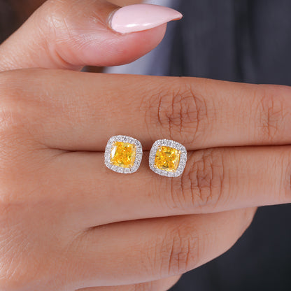 2.00 TCW Lab Grown Diamond Fancy Yellow Cushion Cut Halo Stud Earrings