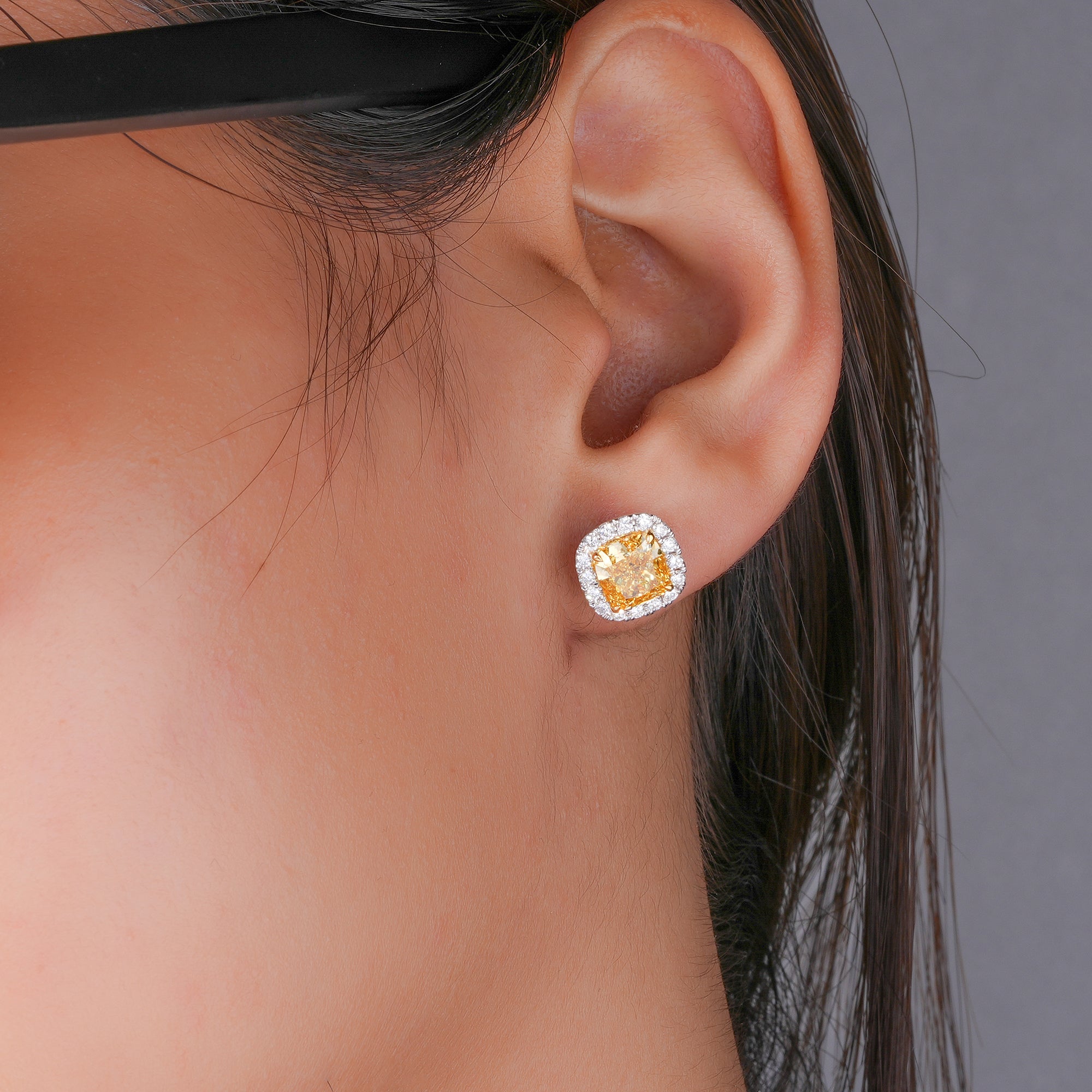3.55 TCW Lab Grown Diamond Fancy Yellow Cushion Cut Halo Stud Earrings