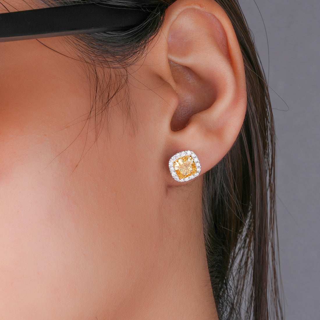 3.55 TCW Lab Grown Diamond Fancy Yellow Cushion Cut Halo Stud Earrings