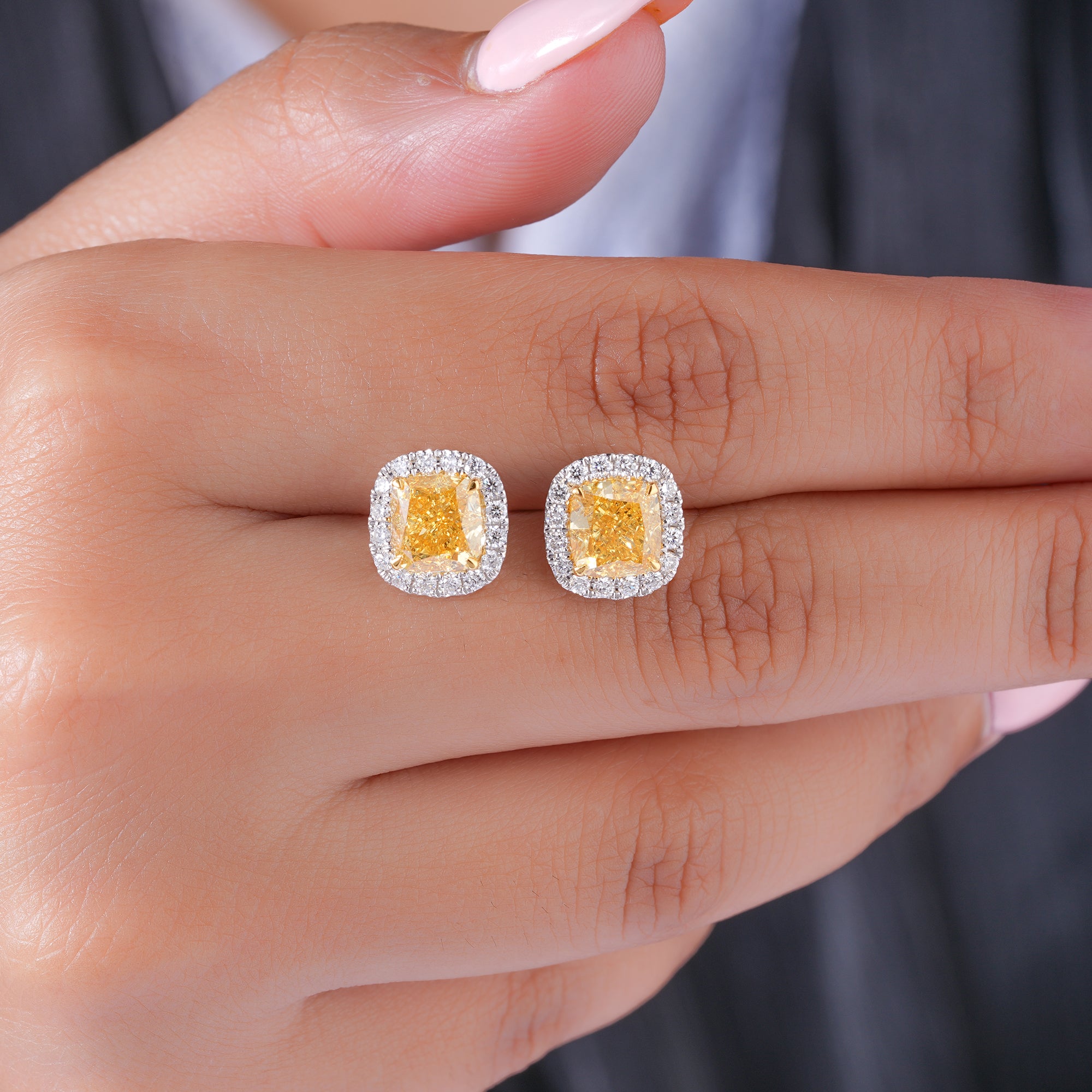 3.55 TCW Lab Grown Diamond Fancy Yellow Cushion Cut Halo Stud Earrings