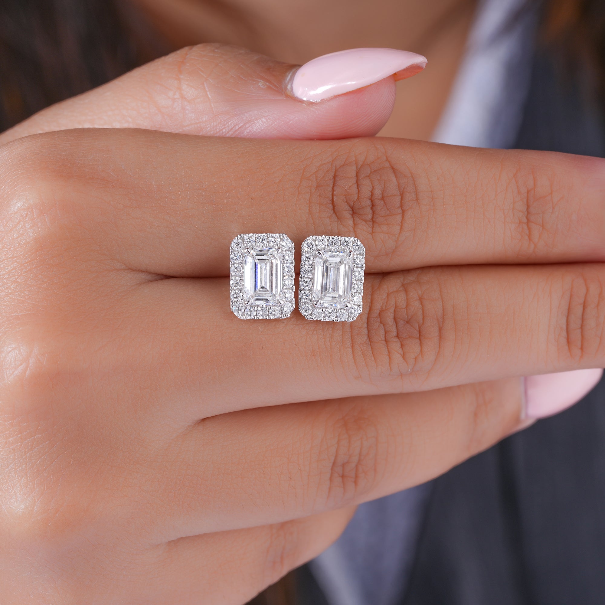 2.50 TCW Lab Grown Diamond Emerald Cut Halo Stud Earrings