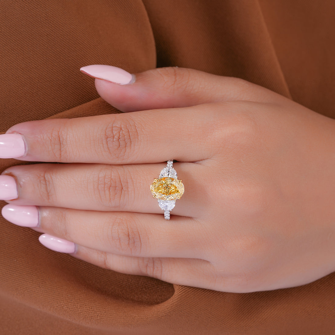 3.20 CT Yellow Oval Cut Pave, side Half moon Two-Stone Engagement Ring