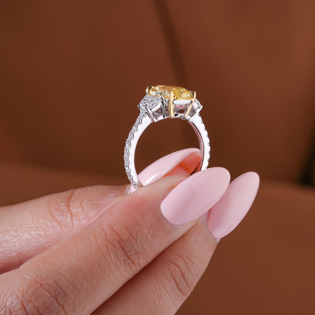 3.20 CT Yellow Oval Cut Pave, side Half moon Two-Stone Engagement Ring