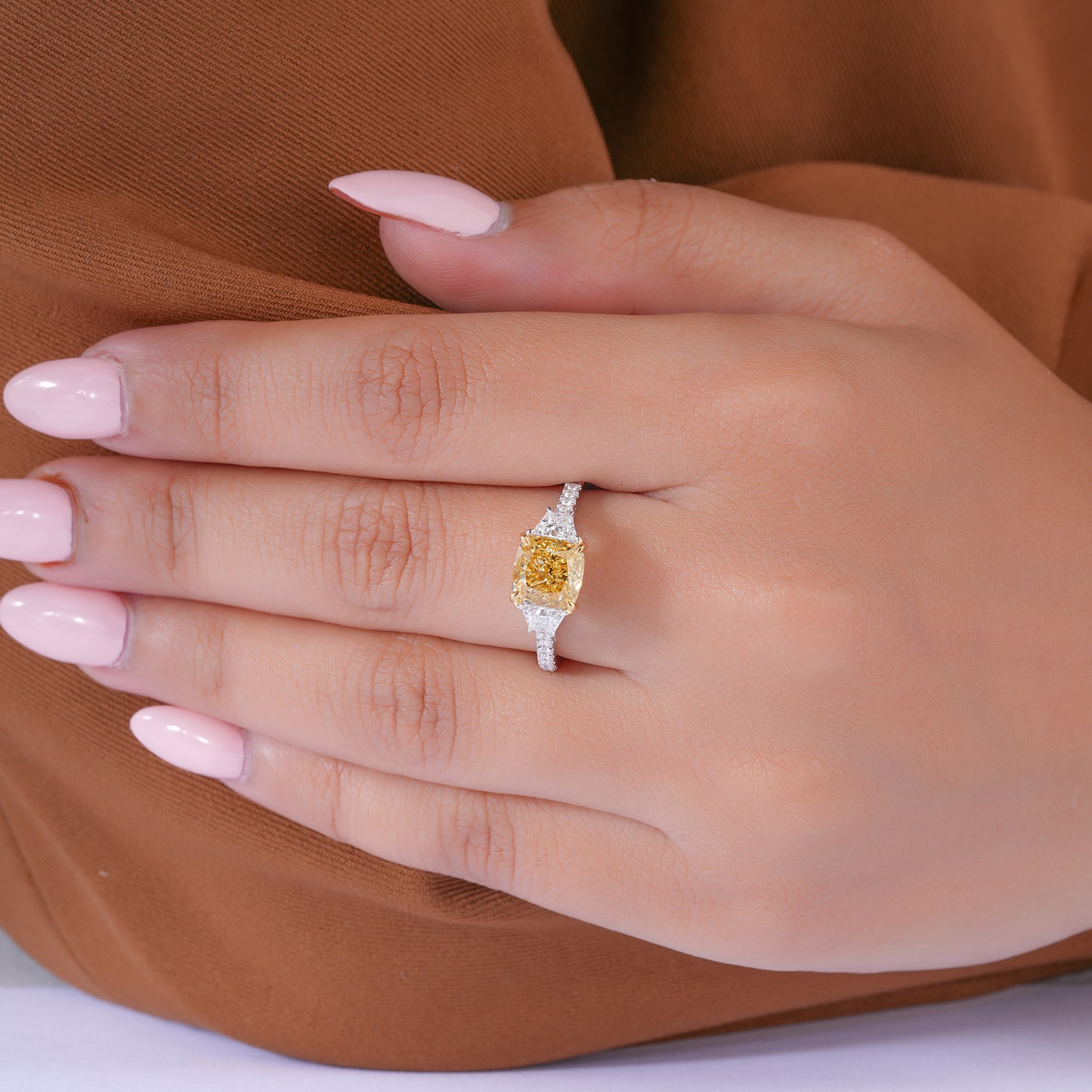 2.00 CT Cushion Yellow Diamond Cut Lab Grown  Diamond Three Stone Pave Set Engagement Ring