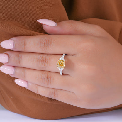 2.00 CT Cushion Yellow Diamond Cut Lab Grown  Diamond Three Stone Pave Set Engagement Ring