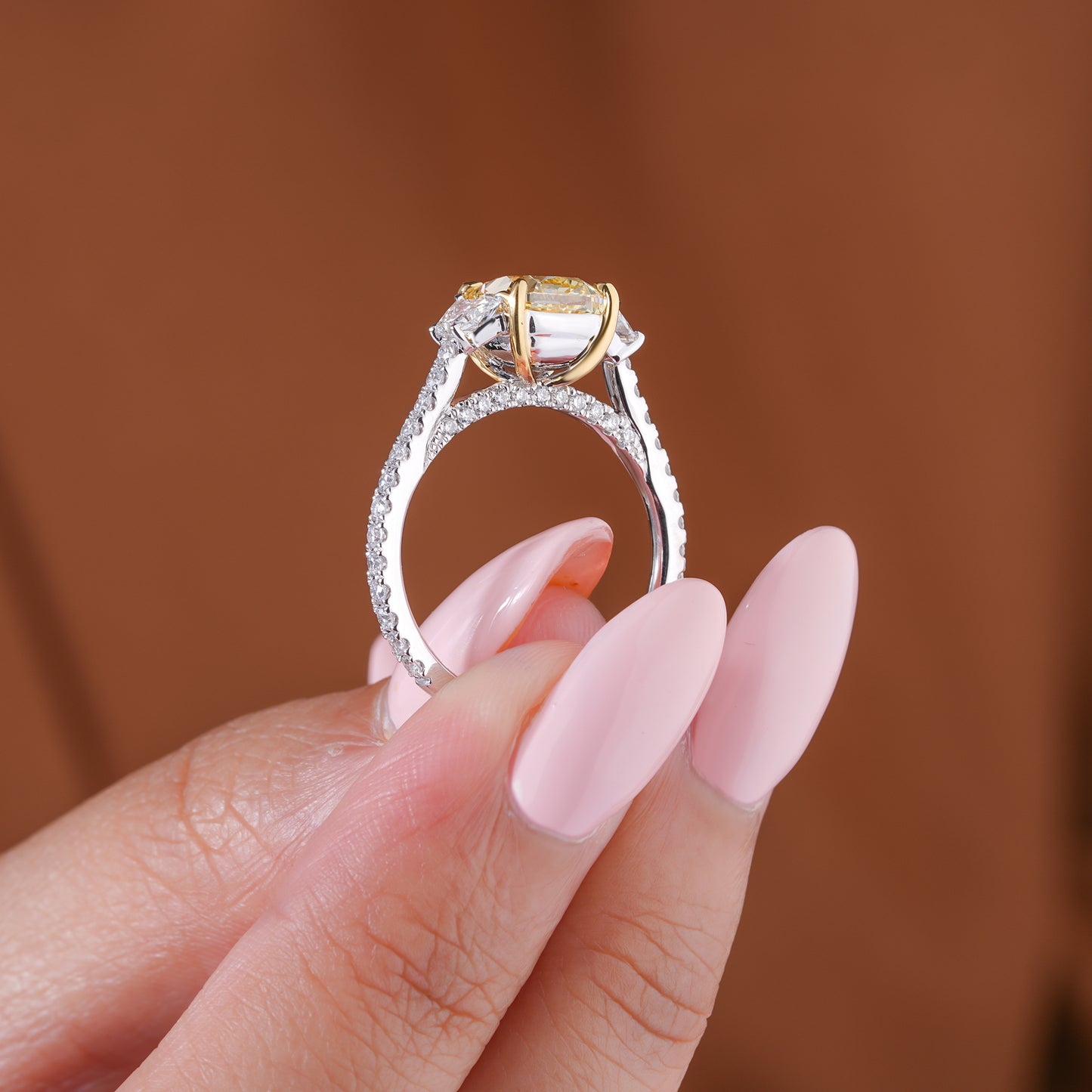 2.00 CT Cushion Yellow Diamond Cut Lab Grown  Diamond Three Stone Pave Set Engagement Ring