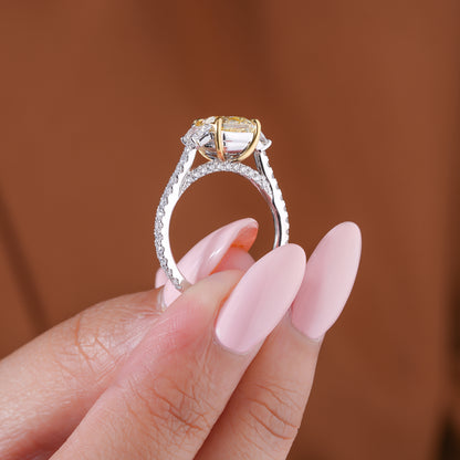2.00 CT Cushion Yellow Diamond Cut Lab Grown  Diamond Three Stone Pave Set Engagement Ring
