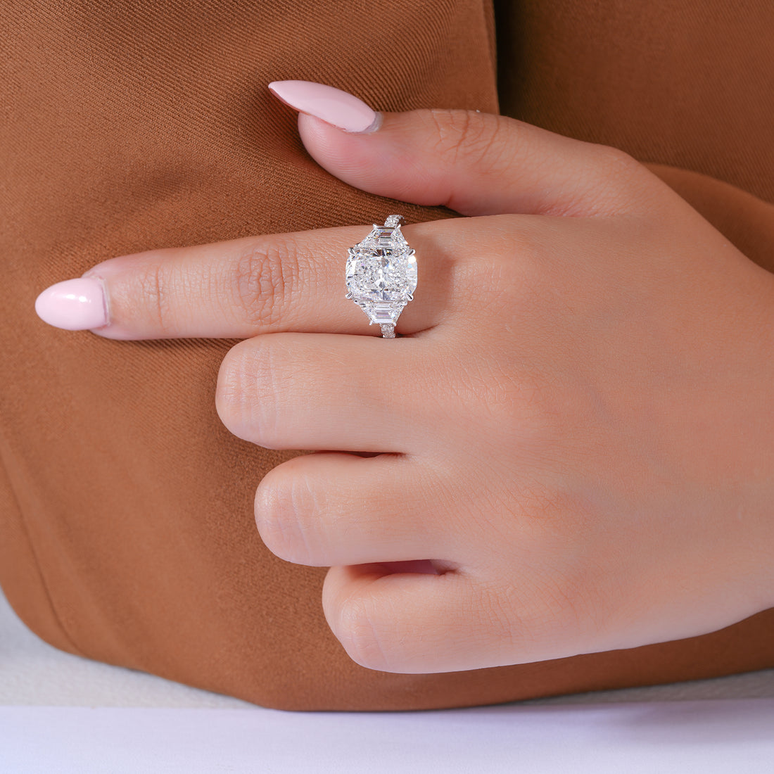 4.00 Ct Cushion Cut Lab Grown Diamond Trilogy Engagement Ring