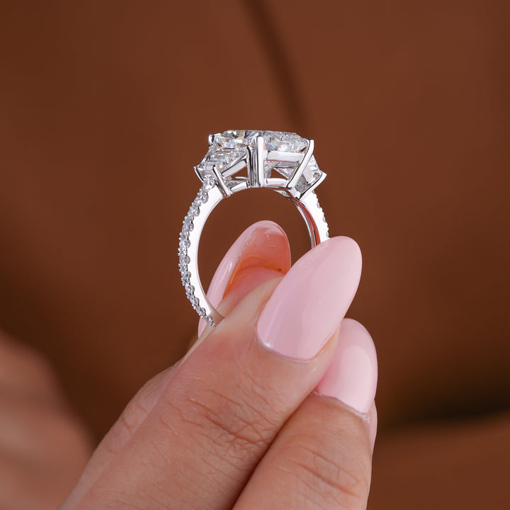 4.00 Ct Cushion Cut Lab Grown Diamond Trilogy Engagement Ring
