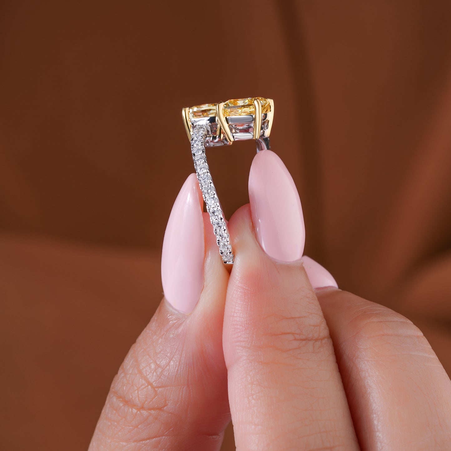 2.00 TCW IGI Certified Fancy Yellow Cushion Cut Double Stone Crossover Ring