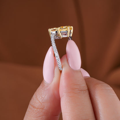 2.00 TCW IGI Certified Fancy Yellow Cushion Cut Double Stone Crossover Ring