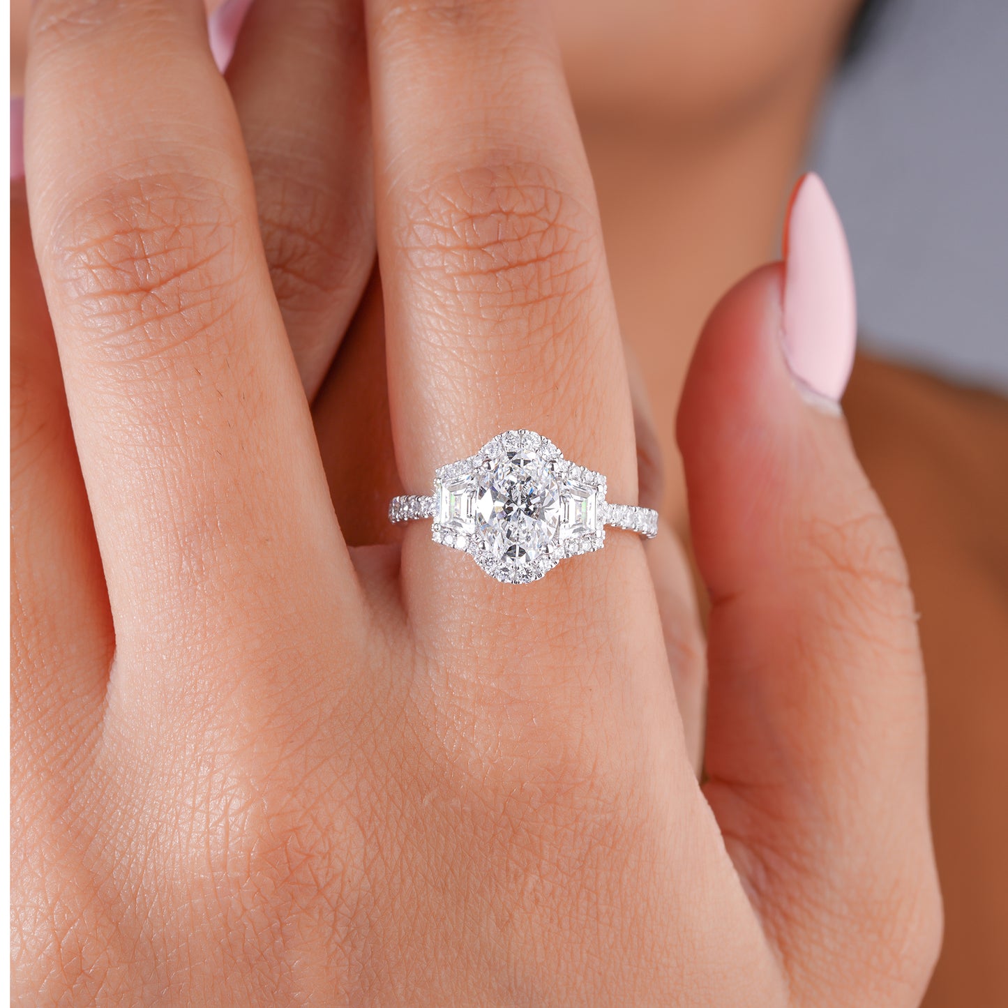 1.00 CT Oval Lab Grown Diamond Three Stone Setting Halo Engagement Ring