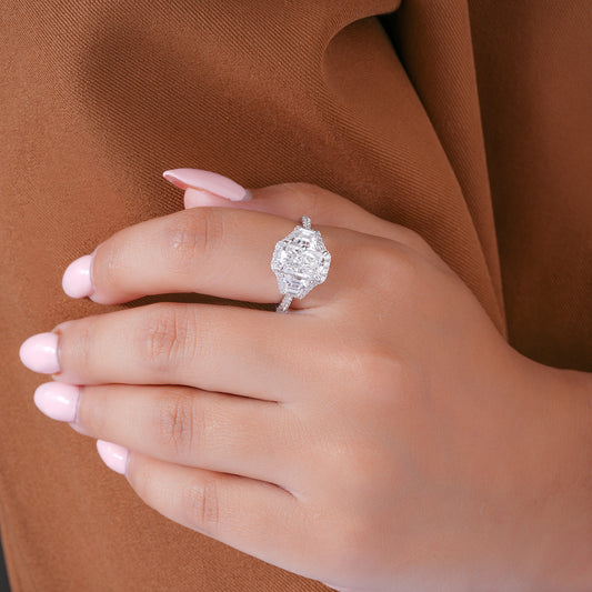 2.00 CT Radiant Cut Lab Grown Diamond Three Stone Halo Engagement Ring