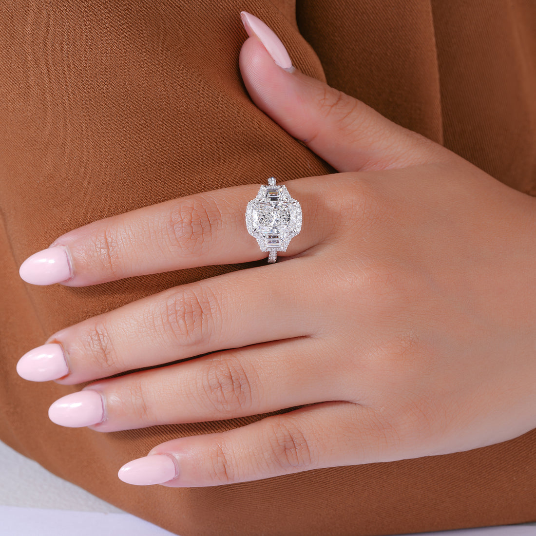 3.00 CT Elongated Cushion Diamond Trilogy Art Deco Unique Halo Engagement Ring