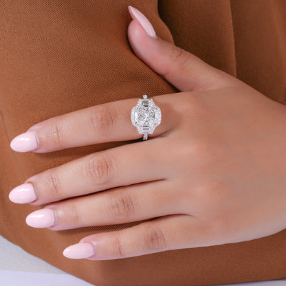 3.00 CT Elongated Cushion Diamond Trilogy Art Deco Unique Halo Engagement Ring