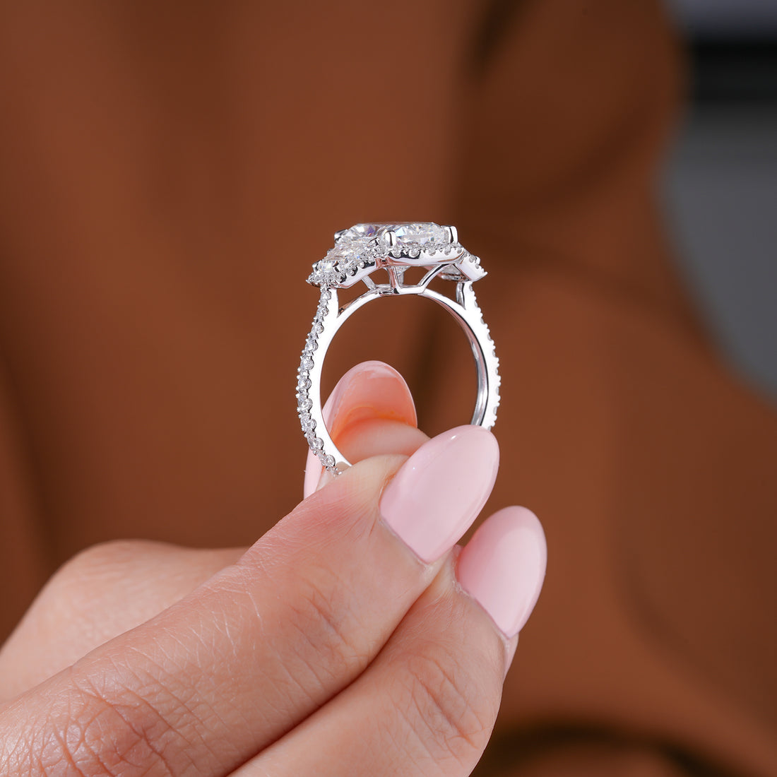 3.00 CT Elongated Cushion Diamond Trilogy Art Deco Unique Halo Engagement Ring