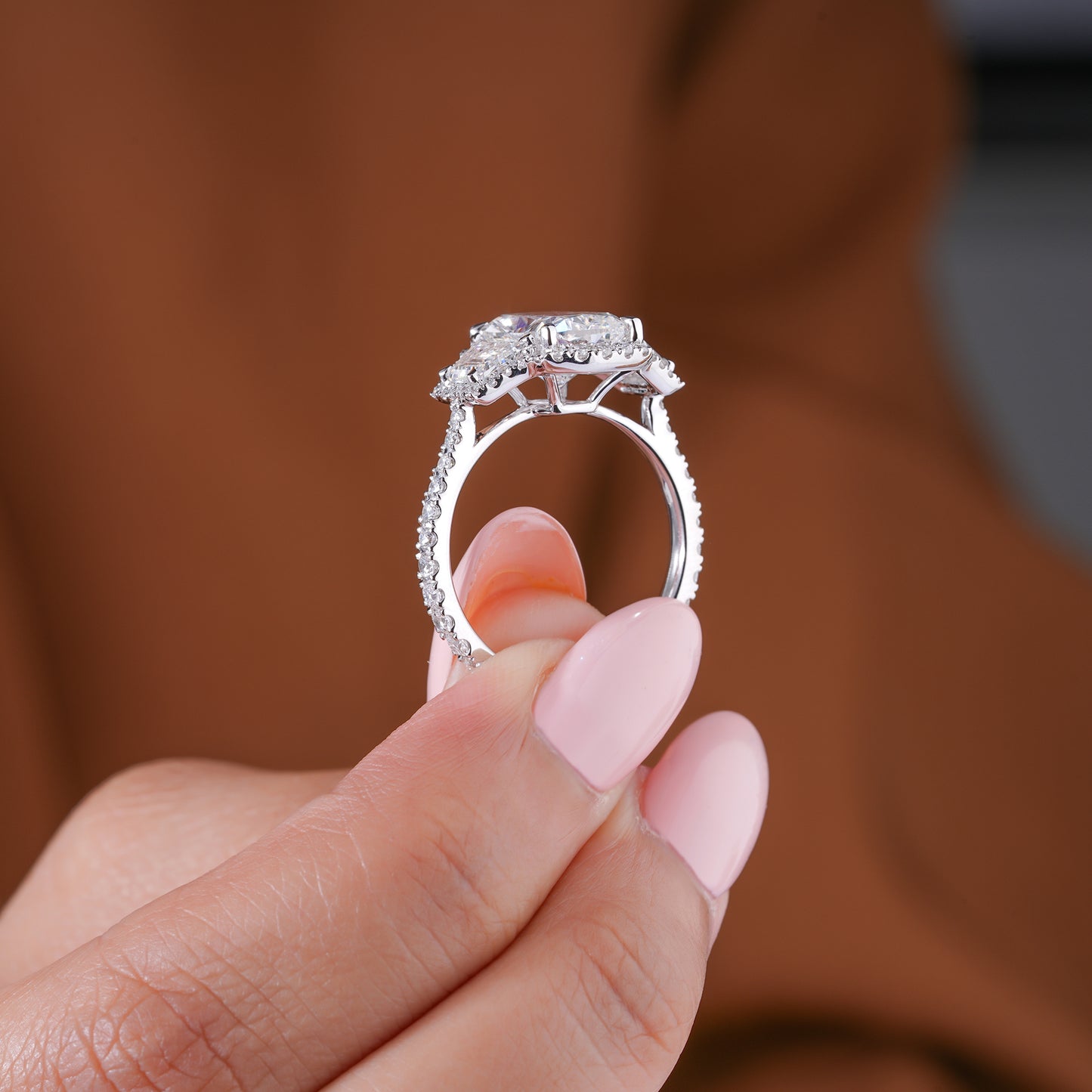 3.00 CT Elongated Cushion Diamond Trilogy Art Deco Unique Halo Engagement Ring