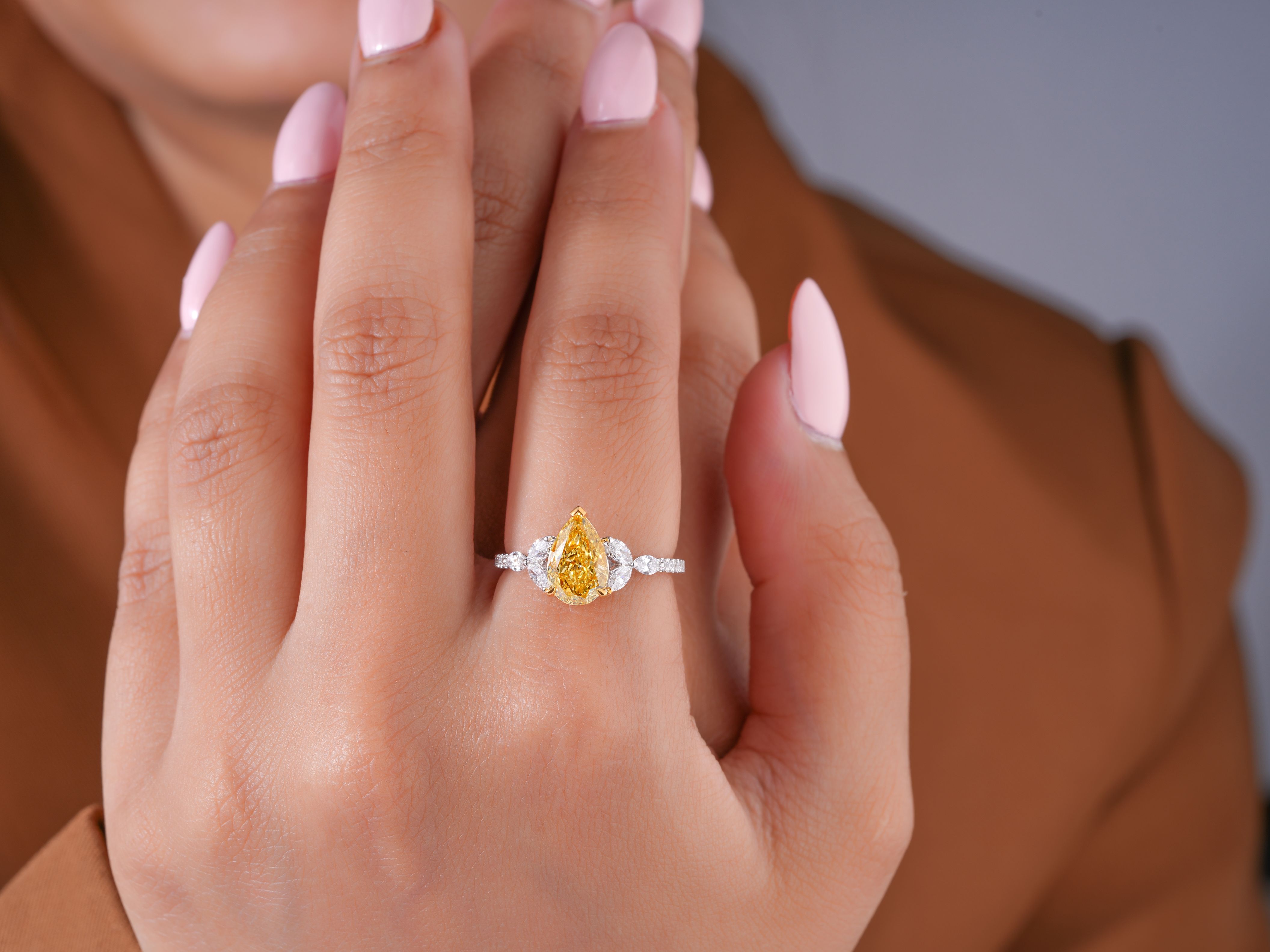 2.10 CT Pear Cut Diamond Engagement Ring with Marquise Side Stones, 14K 18K Solid Gold Unique Three Stone Ring, Lab Grown Diamond Bridal Ring