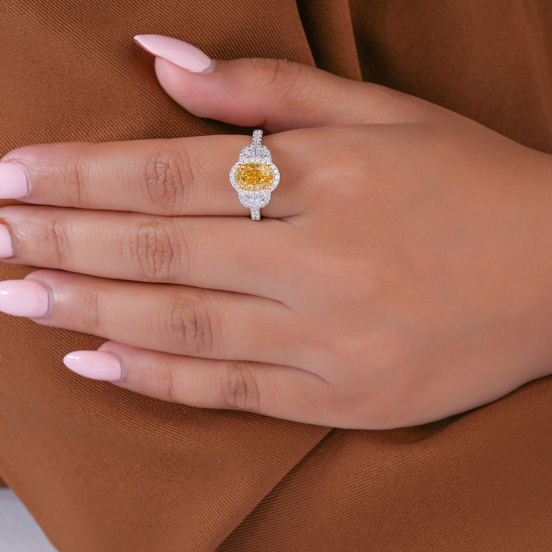 1.55 CT Fancy Yellow Oval Lab Grown Diamond Halo Unique Engagement Ring